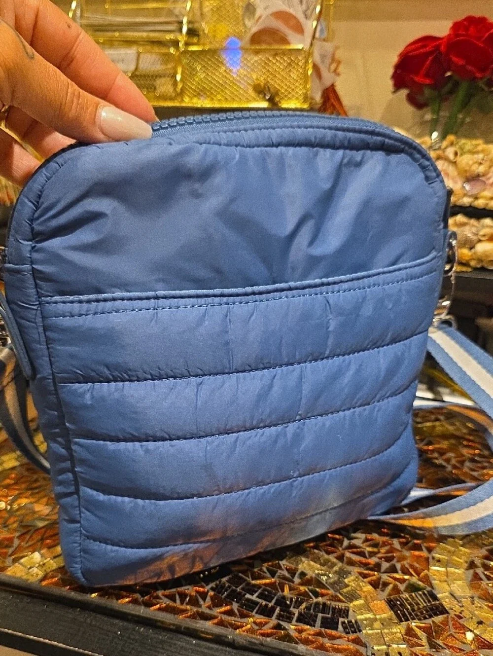 Sondra Roberts Quilted Blue Crossbody Messenger Bag with Striped Strap